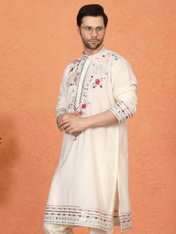 Aham-Vayam - Multi Coloured Flora Embroidered Off White Kurta with Pant