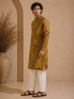 MAYANK MODI - Cotton Printed Mustard Kurta with Pant