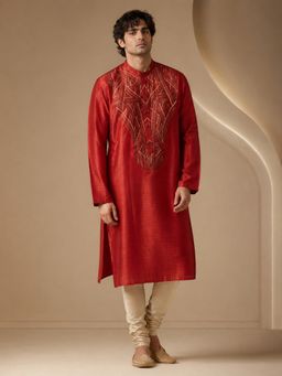 MAYANK MODI - Bemberg Silk Rust Kurta with Pant