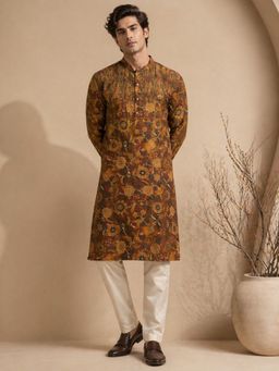 MAYANK MODI - Printed Chanderi Brown Kurta with Pant