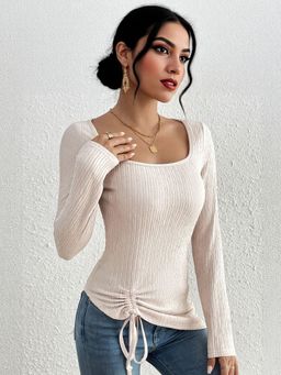 Outzidr - Cream Scoop Neck Side Ruched Street Style Top