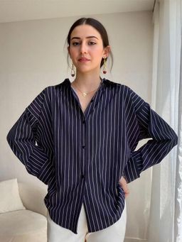 Outzidr - Navy Blue Srtiped Relaxed Street Style Shirt