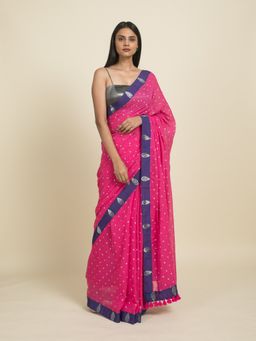 Suta - Pink Mul Cotton Blue Border Saree