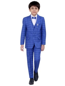 Jeetethnics - Boys Blue Checked Coat Suit With Waistcoat Shirt And Trousers (Set of 5)