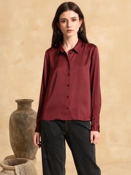 Kazo - Women Woven Solid Relaxed Fit Maroon Shirt