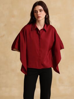 Kazo - Women Woven Solid Relaxed Fit Maroon Shirt