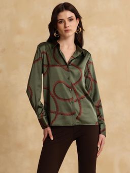 Kazo - Women Woven Printed Relaxed Fit Olive Shirt