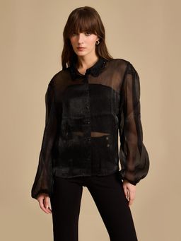 Kazo - Women Woven Embroidered Relaxed Fit Black Shirt