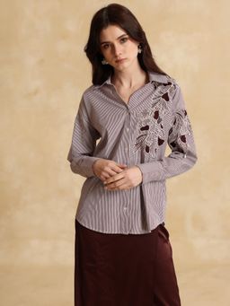 Kazo - Women Woven Embroidered Relaxed Fit Purple Shirt