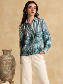 Kazo - Women Woven Printed Relaxed Fit Green Shirt