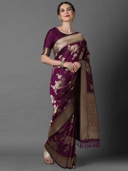 Akhilam - Magenta Festive Silk Blend Woven Design Saree with Unstitched