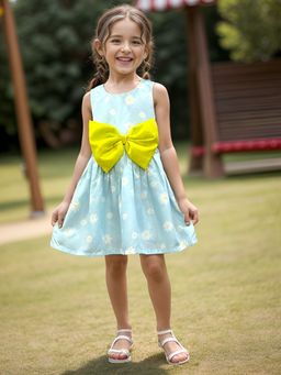 A.T.U.N. - Girls Aqua Floral Printed Sleeveless Pam Bow Dress