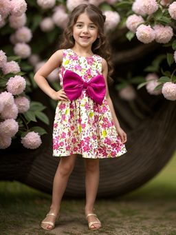 A.T.U.N. - Girls Cream Floral Printed Sleeveless Pam Bow Dress