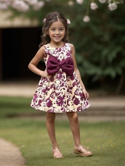 A.T.U.N. - Girls Maroon Floral Printed Sleeveless Pam Bow Dress