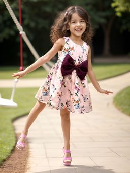 A.T.U.N. - Girls Pink Floral Printed Sleeveless Pam Bow Dress