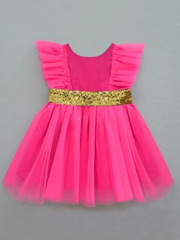 A.T.U.N. - Girls Pink Net Fit and Flare Party Dress with Flutter Sleeves