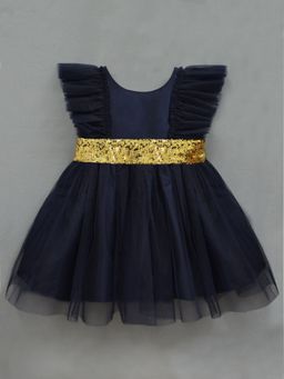 A.T.U.N. - Girls Navy Blue Net Fit and Flare Party Dress with Flutter Sleeves