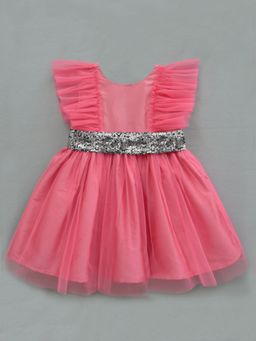 A.T.U.N. - Girls Pink Net Fit and Flare Party Dress with Flutter Sleeves