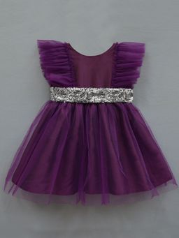 A.T.U.N. - Girls Purple Net Fit and Flare Party Dress with Flutter Sleeves