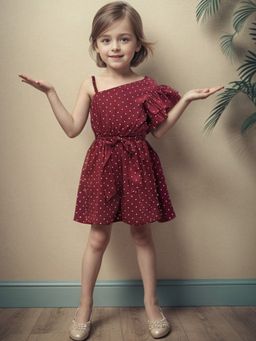 A.T.U.N. - Girls Maroon Polka Dot One Shoulder Playsuit with Belt (Set of 2)