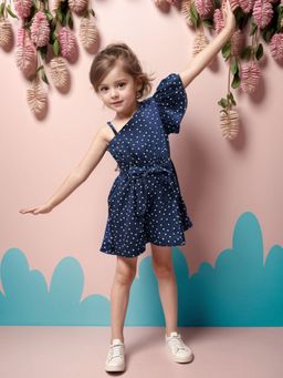 A.T.U.N. - Girls Navy Blue Polka Dot One Shoulder Playsuit with Belt (Set of 2)
