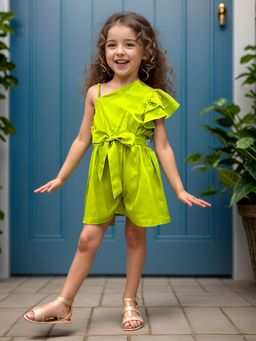A.T.U.N. - Girls Green Solid One Shoulder Playsuit