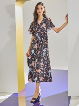 CRIMSOUNE CLUB - Women Black Floral Printed Midi Dress