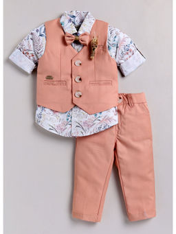 Little Collars - Floral Collar Neck Peach Shirt & Waistcoat & Pant (Set of 4)