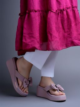 Shoetopia - Womens Upper Bow Detailed Peach Wedges Heels