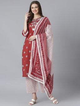 QOMN - Maroon & White Embroidered Kurta with Printed Palazzo and Dupatta (Set of 3)