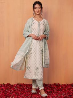 Indya - Ivory and Green Boota Foil Print Cotton Kurta with Pants & Dupatta (Set of 3)