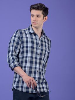 CRIMSOUNE CLUB - Mens Navy Blue Checked Pure Cotton Shirt