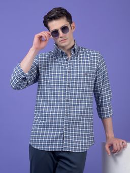 CRIMSOUNE CLUB - Mens Blue Checked Button-Down Collar Pure Cotton Shirt