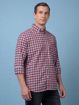 CRIMSOUNE CLUB - Mens Red Checked Button-Down Collar Pure Cotton Shirt