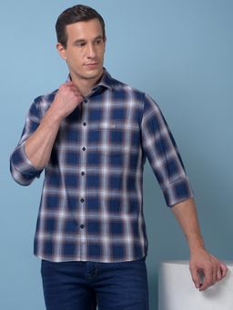 CRIMSOUNE CLUB - Mens Blue Checked Pure Cotton Shirt