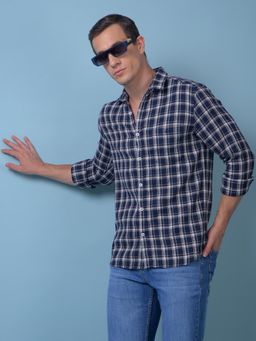 CRIMSOUNE CLUB - Mens Navy Blue Checked Pure Cotton Shirt