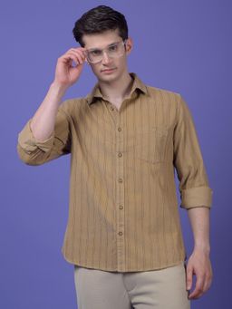 CRIMSOUNE CLUB - Mens Brown Vertical Stripes Pure Cotton Shirt
