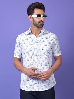 CRIMSOUNE CLUB - Mens Blue Floral Print Pure Cotton Shirt