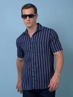 CRIMSOUNE CLUB - Mens Navy Blue Vertical Stripes Pure Cotton Shirt