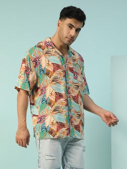 Oxolloxo - Men Multicolor Tropical Print Collar Neck Short Sleeve Button Down Oversized Shirt