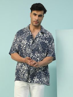 Oxolloxo - Men Blue Floral Print Collar Neck Short Sleeve Button Down Oversized Shirt