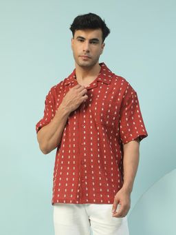 Oxolloxo - Men Rust Lapel Collar Short Sleeve Button Down Oversized Cotton Dobby Shirt