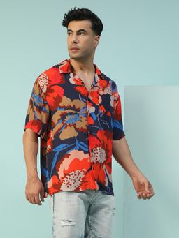 Oxolloxo - Multicolor Floral Print Collar Neck Short Sleeve Button Down Oversized Shirt