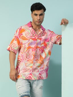 Oxolloxo - Men Multicolor Paisley Print Collar Neck Short Sleeve Button Down Oversized Shirt