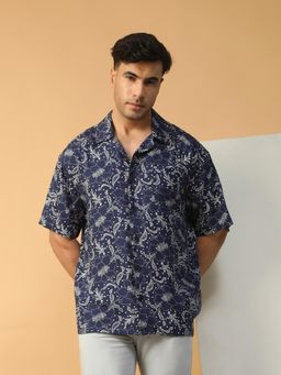 Oxolloxo - Men Blue Floral Print Lapel Collar Short Sleeve Button Down Oversized Shirt