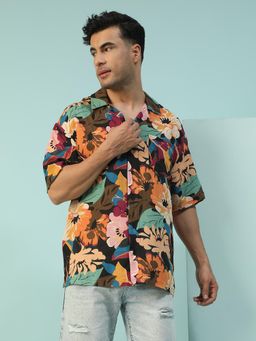 Oxolloxo - Men Multicolor Floral Print Collar Neck Short Sleeve Button Down Oversized Shirt