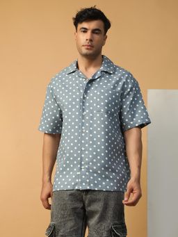 Oxolloxo - Men Blue Polka Dot Print Collar Neck Short Sleeve Button Down Oversized Shirt