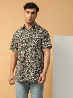 Oxolloxo - Men Multicolor Animal Print Collared Short Sleeve Button Down Oversized Shirt