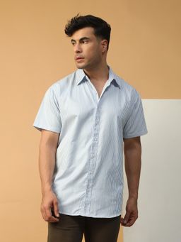 Oxolloxo - Men Blue Stripe Print Collared Short Sleeve Button Down Oversized Shirt