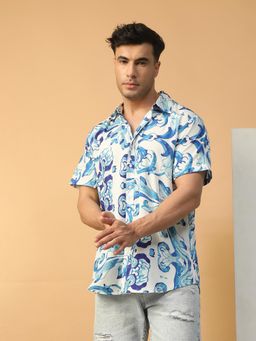 Oxolloxo - Men Blue Abstract Print Collared Short Sleeve Button Down Oversized Shirt